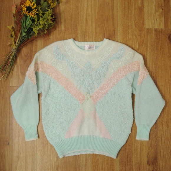 Vintage Sweaters - Vintage Pastel Beaded Oversize Sweater